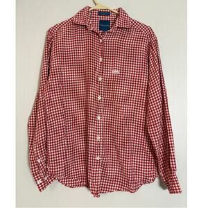 Façonnable Small Lightweight Red White Gingham Long Sleeve Button Front Shirt